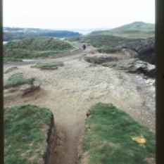 Eroded banks and ditches of Trevelgue Head.